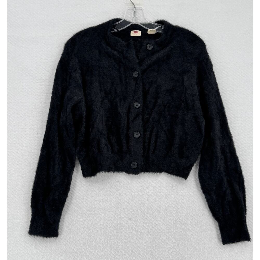 Levi's Womens Black Faux Shearling Cozy Fuzzy Cropped Cardigan Sweater Sz M